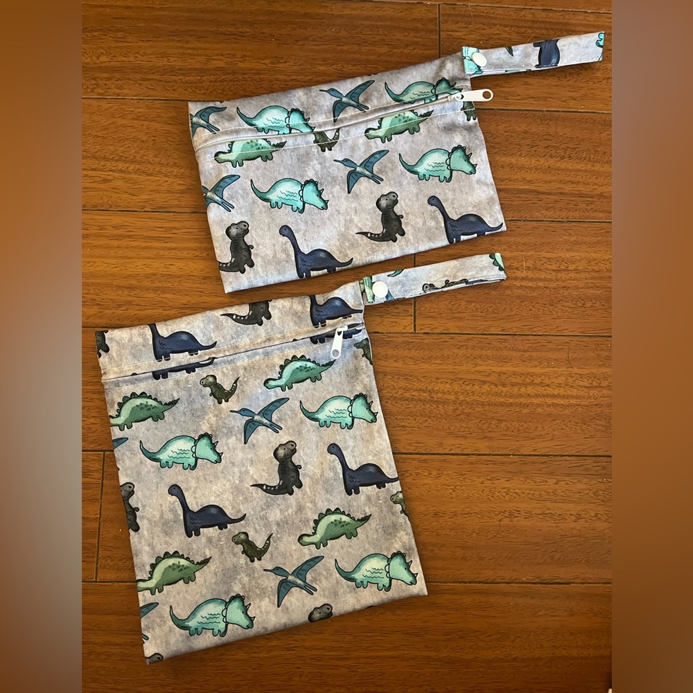 Dinosaur Print Wet Bags For Diaper Bag Set - Gray and Blue
